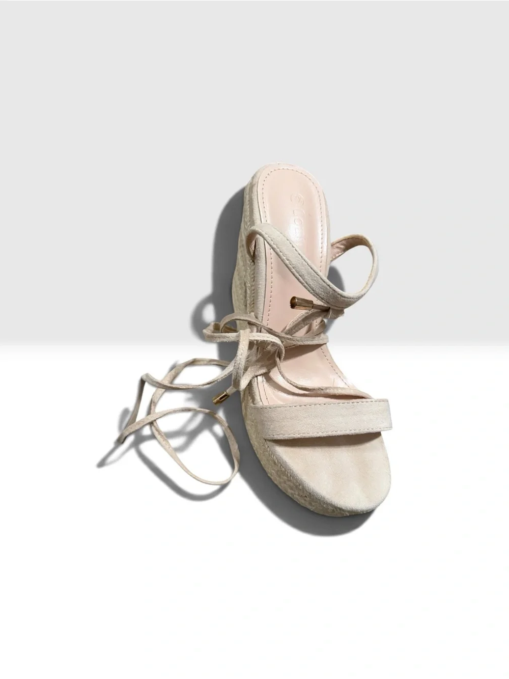 Beige Espadrille Platform Wedge Sandals with Lace-Up Straps